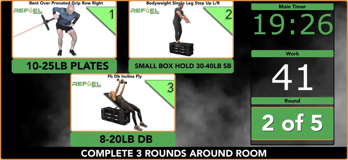 In-studio TV showing exercise demonstrations, work timer and round counter